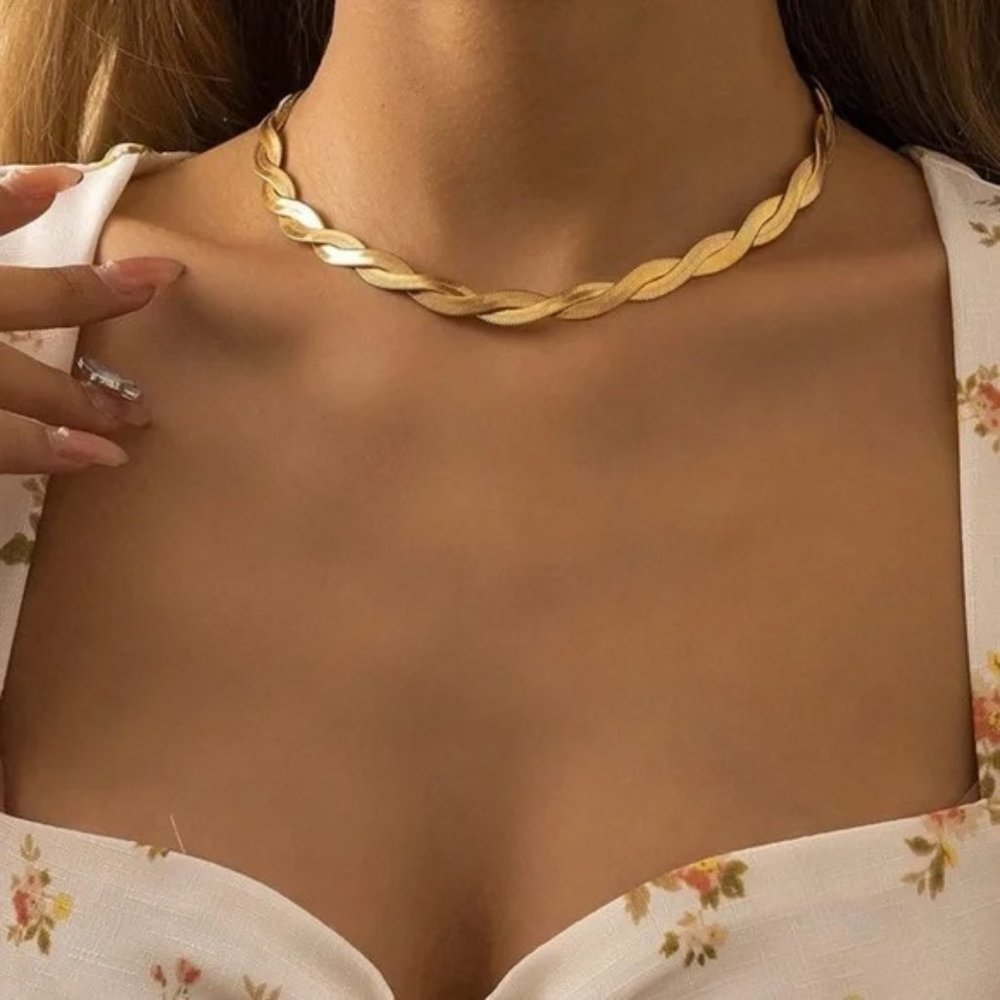 14k Gold Twisted Herringbone Necklace New Gold Choker Snake Necklace